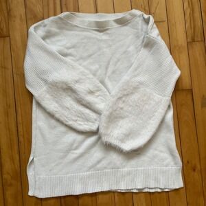 Anthropologie White Fuzzy Sleeve Sweater Pullover Long Sleeve Size M
